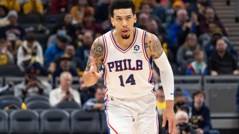 Nov 13, 2021; Indianapolis, Indiana, USA; Philadelphia 76ers forward Danny Green (14) celebrates a made basket in the first half against the Indiana Pacers at Gainbridge Fieldhouse. Mandatory Credit: Trevor Ruszkowski-USA TODAY Sports