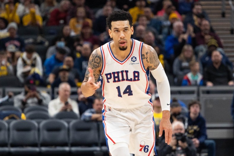 Nov 13, 2021; Indianapolis, Indiana, USA; Philadelphia 76ers forward Danny Green (14) celebrates a made basket in the first half against the Indiana Pacers at Gainbridge Fieldhouse. Mandatory Credit: Trevor Ruszkowski-USA TODAY Sports