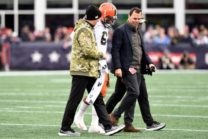 Nov 14, 2021; Foxborough, Massachusetts, USA; Cleveland Browns quarterback Baker Mayfield (6) walks off of the field after sustaining an injury during the second half of a game against the New England Patriots at Gillette Stadium. Mandatory Credit: Brian Fluharty-USA TODAY Sports