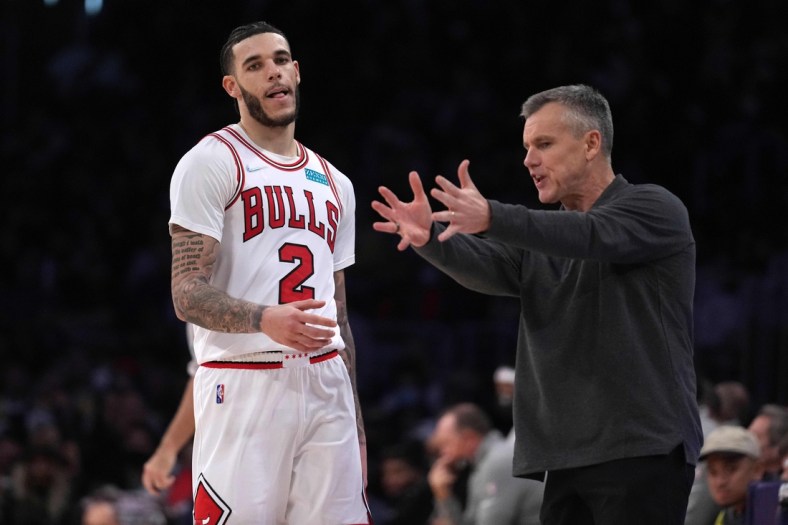 Nov 15, 2021; Los Angeles, California, USA; Chicago Bulls guard Lonzo Ball (2) and coach Billy Donovan react  in the second half against the Los Angeles Lakers at Staples Center. The Bulls defeated the Lakers 121-103.  Mandatory Credit: Kirby Lee-USA TODAY Sports