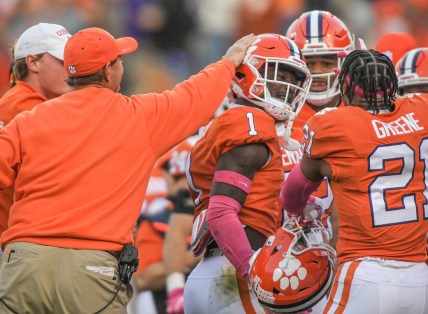 Clemson head coach Dabo Swinney celebrates a fumble recovery by Clemson safety Andrew Mukuba (1) during the fourth quarter Oct 30, 2021 in Clemson, South Carolina.

Ncaa Football Florida State At Clemson