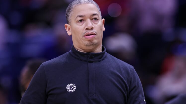 Nov 19, 2021; New Orleans, Louisiana, USA;  LA Clippers head coach Tyronn Lue looks on against New Orleans Pelicans during the second half at Smoothie King Center. Mandatory Credit: Stephen Lew-USA TODAY Sports