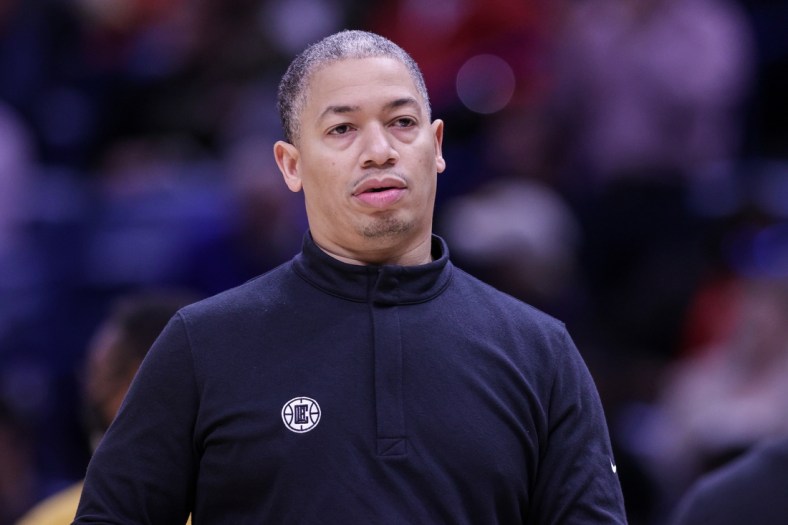 Nov 19, 2021; New Orleans, Louisiana, USA;  LA Clippers head coach Tyronn Lue looks on against New Orleans Pelicans during the second half at Smoothie King Center. Mandatory Credit: Stephen Lew-USA TODAY Sports