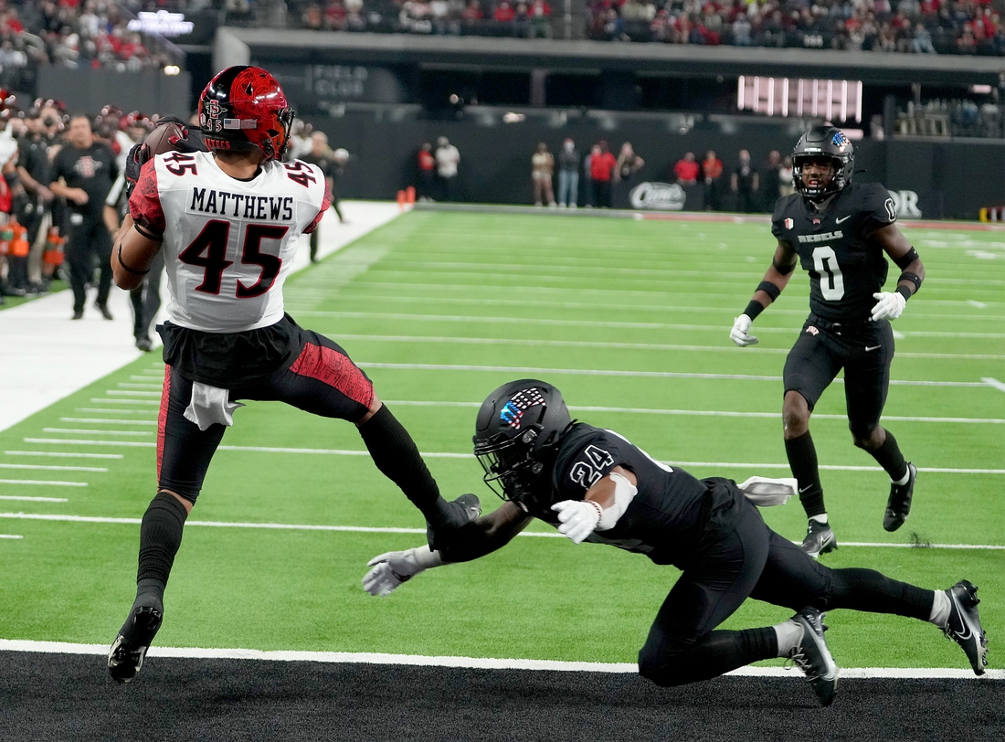 Nov 19, 2021; Paradise, Nevada, USA; San Diego State Aztecs wide receiver Jesse Matthews (45) makes a touchdown reception against UNLV Rebels defensive back Bryce Jackson (24) at Allegiant Stadium. Mandatory Credit: Stephen R. Sylvanie-USA TODAY Sports