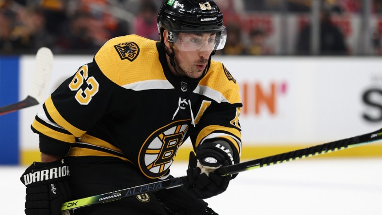 Nov 11, 2021; Boston, Massachusetts, USA; Boston Bruins center Brad Marchand (63) during the third period against the Edmonton Oilers at TD Garden. Mandatory Credit: Winslow Townson-USA TODAY Sports