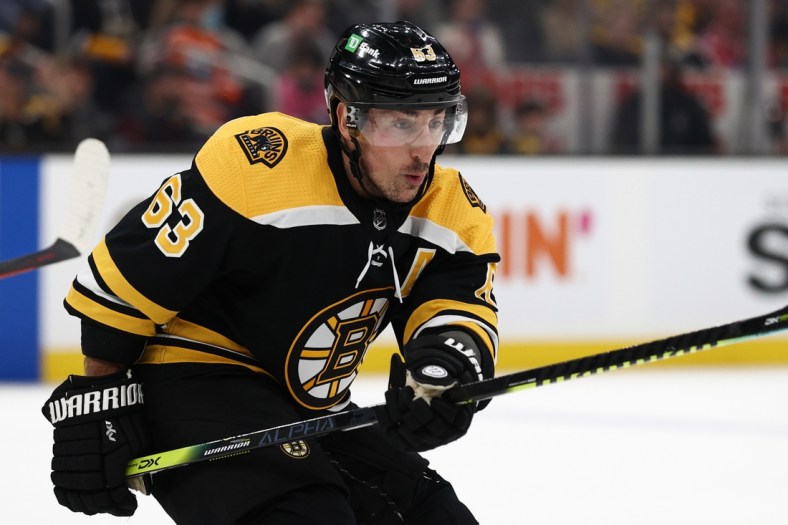Nov 11, 2021; Boston, Massachusetts, USA; Boston Bruins center Brad Marchand (63) during the third period against the Edmonton Oilers at TD Garden. Mandatory Credit: Winslow Townson-USA TODAY Sports