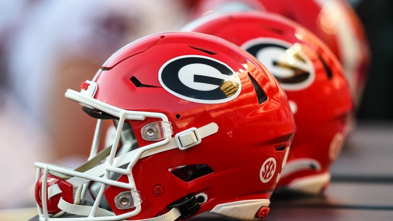 Nov 13, 2021; Knoxville, Tennessee, USA; Georgia Bulldogs helmets sit on the sideline in a game against the Tennessee Volunteers at Neyland Stadium. Mandatory Credit: Bryan Lynn-USA TODAY Sports