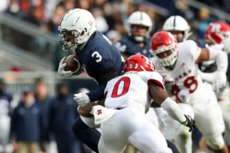 Nov 20, 2021; University Park, Pennsylvania, USA; Penn State Nittany Lions wide receiver Parker Washington (3) runs with the ball during the second quarter against the Rutgers Scarlet Knights at Beaver Stadium. Mandatory Credit: Matthew OHaren-USA TODAY Sports