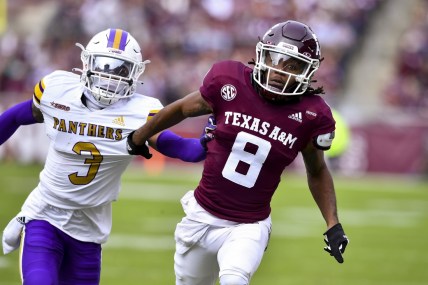 Nov 20, 2021; College Station, Texas, USA;  Texas A&M Aggies wide receiver Yulkeith Brown (8) runs down field during the second quarter against the Prairie View Am Panthers at Kyle Field. Mandatory Credit: Maria Lysaker-USA TODAY Sports