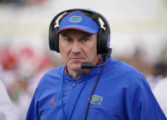Nov 20, 2021; Columbia, Missouri, USA; Florida Gators head coach Dan Mullen on the sidelines against the Missouri Tigers during the first half at Faurot Field at Memorial Stadium. Mandatory Credit: Denny Medley-USA TODAY Sports