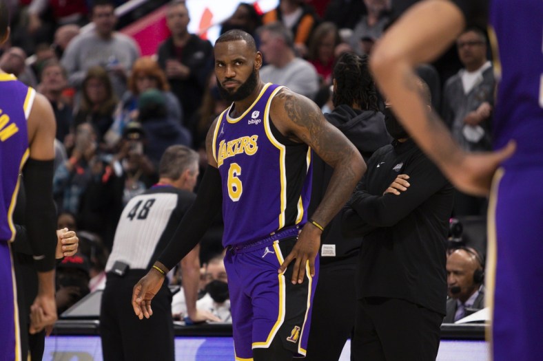 Nov 21, 2021; Detroit, Michigan, USA; Los Angeles Lakers forward LeBron James (6) reacts after getting ejected from the game during the third quarter against the Detroit Pistons at Little Caesars Arena. Mandatory Credit: Raj Mehta-USA TODAY Sports