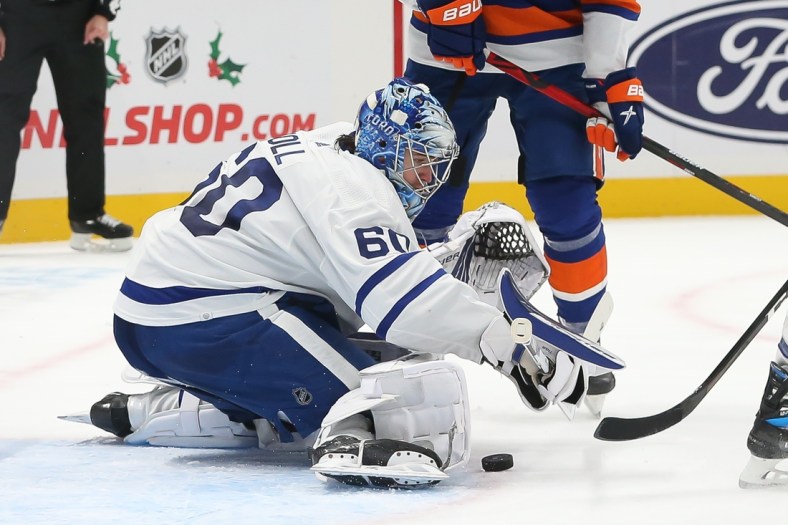 Nov 21, 2021; Elmont, New York, USA; Toronto Maple Leafs goaltender Joseph Woll (60) makes a kick save against New York Islanders during the second period at UBS Arena. Mandatory Credit: Tom Horak-USA TODAY Sports