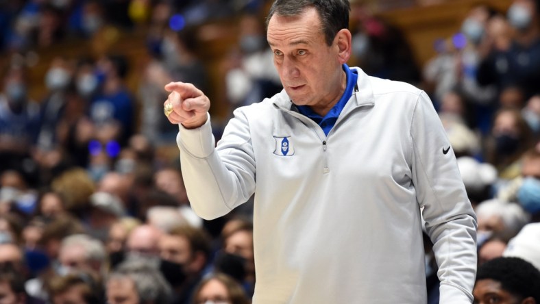 Nov 22, 2021; Durham, North Carolina, USA;  Duke Blue Devils head coach Mike Krzyzewski gestures during the second half against The Citadel Bulldogs at Cameron Indoor Stadium. Mandatory Credit: Rob Kinnan-USA TODAY Sports