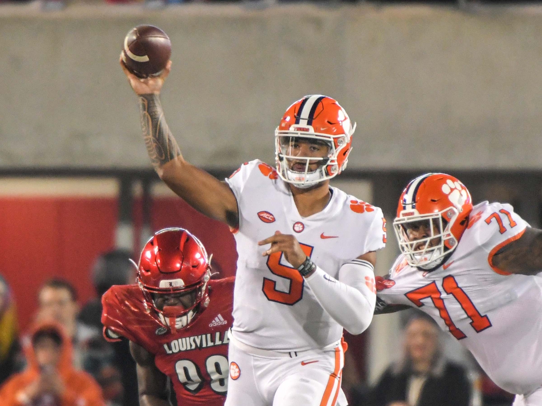 Clemson quarterback D.J. Uiagalelei (5) throws during the third quarter at Cardinal Stadium in Louisville, Kentucky Saturday, November 6, 2021.

Ncaa Football Clemson At Louisville