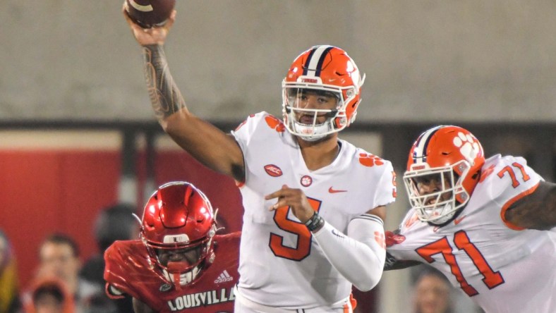 Clemson quarterback D.J. Uiagalelei (5) throws during the third quarter at Cardinal Stadium in Louisville, Kentucky Saturday, November 6, 2021.

Ncaa Football Clemson At Louisville