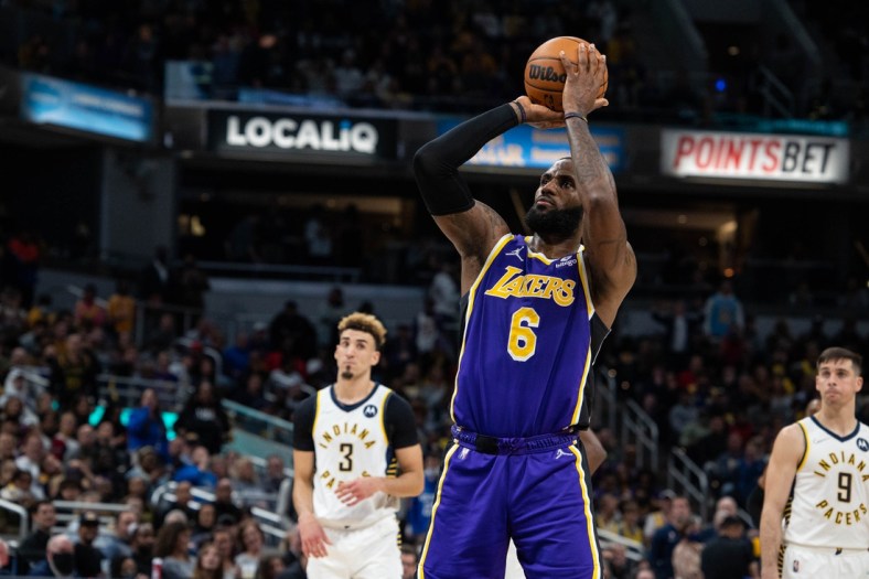 Nov 24, 2021; Indianapolis, Indiana, USA; Los Angeles Lakers forward LeBron James (6) shoots the ball in the second half against the Indiana Pacers at Gainbridge Fieldhouse. Mandatory Credit: Trevor Ruszkowski-USA TODAY Sports