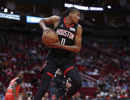Nov 24, 2021; Houston, Texas, USA; Houston Rockets guard Jalen Green (0) in action against the Chicago Bulls at Toyota Center. Mandatory Credit: Troy Taormina-USA TODAY Sports