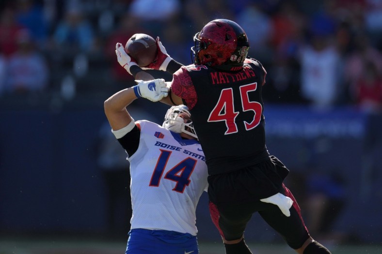Nov 26, 2021; Carson, California, USA; San Diego State Aztecs wide receiver Jesse Matthews (45) is defended by Boise State Broncos cornerback Kaonohi Kaniho (14) in the first half at Dignity Health Sports Park. Mandatory Credit: Kirby Lee-USA TODAY Sports