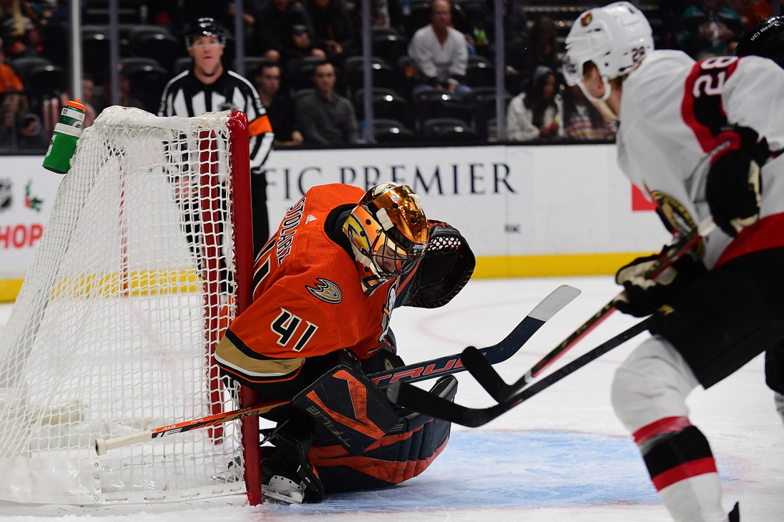 Nov 26, 2021; Anaheim, California, USA; Anaheim Ducks goaltender Anthony Stolarz (41) defends the goal against Ottawa Senators right wing Connor Brown (28) during the second period at Honda Center. Mandatory Credit: Gary A. Vasquez-USA TODAY Sports