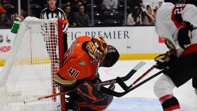 Nov 26, 2021; Anaheim, California, USA; Anaheim Ducks goaltender Anthony Stolarz (41) defends the goal against Ottawa Senators right wing Connor Brown (28) during the second period at Honda Center. Mandatory Credit: Gary A. Vasquez-USA TODAY Sports