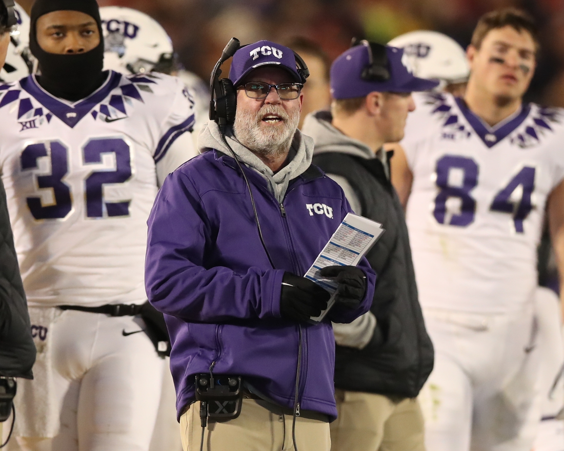 Nov 26, 2021; Ames, Iowa, USA; TCU Horned Frogs head coach Jerry Kill watches his team play the Iowa State Cyclones at Jack Trice Stadium. Mandatory Credit: Reese Strickland-USA TODAY Sports