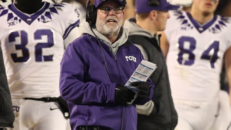 Nov 26, 2021; Ames, Iowa, USA; TCU Horned Frogs head coach Jerry Kill watches his team play the Iowa State Cyclones at Jack Trice Stadium. Mandatory Credit: Reese Strickland-USA TODAY Sports