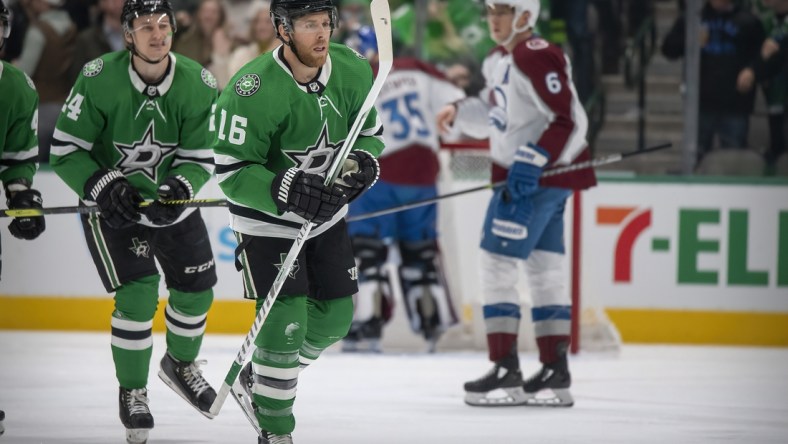 Nov 26, 2021; Dallas, Texas, USA; Dallas Stars center Joe Pavelski (16) skates off the ice after scoring a second goal against the Colorado Avalanche during the first period at the American Airlines Center. Mandatory Credit: Jerome Miron-USA TODAY Sports