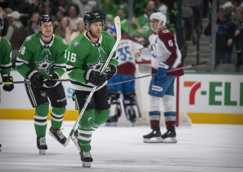 Nov 26, 2021; Dallas, Texas, USA; Dallas Stars center Joe Pavelski (16) skates off the ice after scoring a second goal against the Colorado Avalanche during the first period at the American Airlines Center. Mandatory Credit: Jerome Miron-USA TODAY Sports