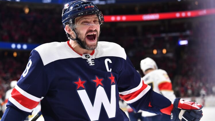 Nov 26, 2021; Washington, District of Columbia, USA; Washington Capitals left wing Alex Ovechkin (8) reacts after scoring a goal against the Florida Panthers during the second period at Capital One Arena. Mandatory Credit: Brad Mills-USA TODAY Sports