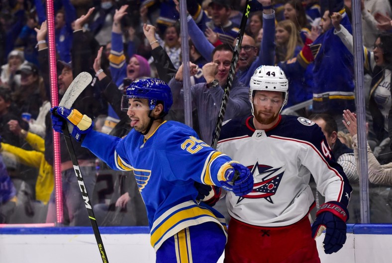 Nov 27, 2021; St. Louis, Missouri, USA;  St. Louis Blues center Jordan Kyrou (25) reacts after scoring against the Columbus Blue Jackets during the third period at Enterprise Center. Mandatory Credit: Jeff Curry-USA TODAY Sports