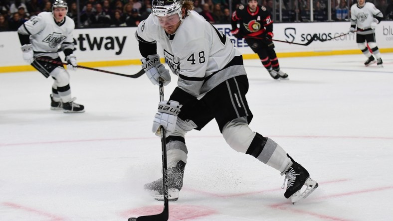 Nov 27, 2021; Los Angeles, California, USA; Los Angeles Kings left wing Brendan Lemieux (48) shoots on goal against the Ottawa Senators during the second period at Staples Center. Mandatory Credit: Gary A. Vasquez-USA TODAY Sports