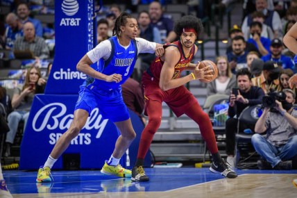 Nov 29, 2021; Dallas, Texas, USA; Dallas Mavericks center Moses Brown (9) defends against Cleveland Cavaliers center Jarrett Allen (31) during the first quarter at American Airlines Center. Mandatory Credit: Jerome Miron-USA TODAY Sports