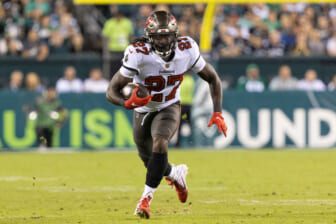 Oct 24, 2021; Tampa, Florida, USA;  Tampa Bay Buccaneers running back Ronald Jones (27) runs the ball in the second half against the Chicago Bears at Raymond James Stadium. Mandatory Credit: Nathan Ray Seebeck-USA TODAY Sports