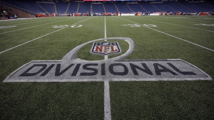 Jan 13, 2018; Foxborough, MA, USA; General view of the Divisional NFL logo on the field prior to the AFC Divisional playoff game between the New England Patriots and the Tennessee Titans at Gillette Stadium. Mandatory Credit: David Butler II-USA TODAY Sports