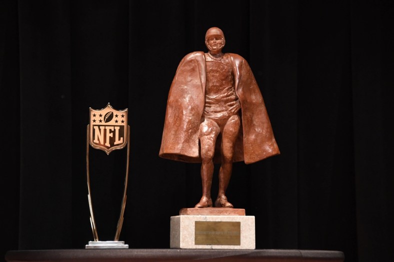 Feb 3, 2018; Minneapolis, MN, USA; Walter Payton NFL Man of the Year trophy and the NFL Honors trophy during media availabilities during the NFL Honors show at Cyrus Northrop Memorial Auditorium at the University of Minnesota. Mandatory Credit: Kirby Lee-USA TODAY Sports