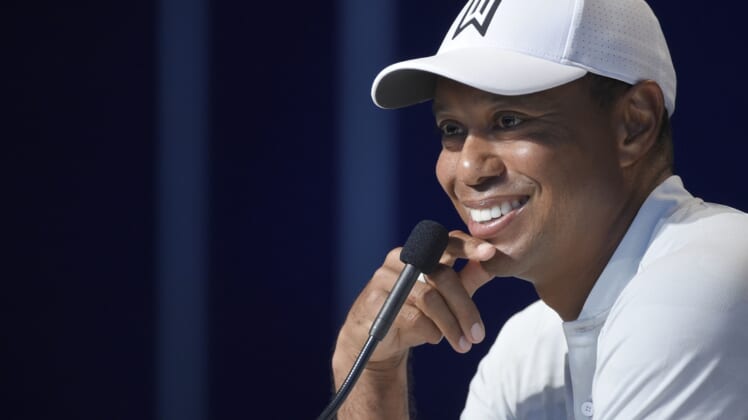 Aug 7, 2018; St. Louis, MO, USA; PGA golfer Tiger Woods addresses the media during a press conference following his practice round of the PGA Championship golf tournament at Bellerive Country Club. Mandatory Credit: John David Mercer-USA TODAY Sports
