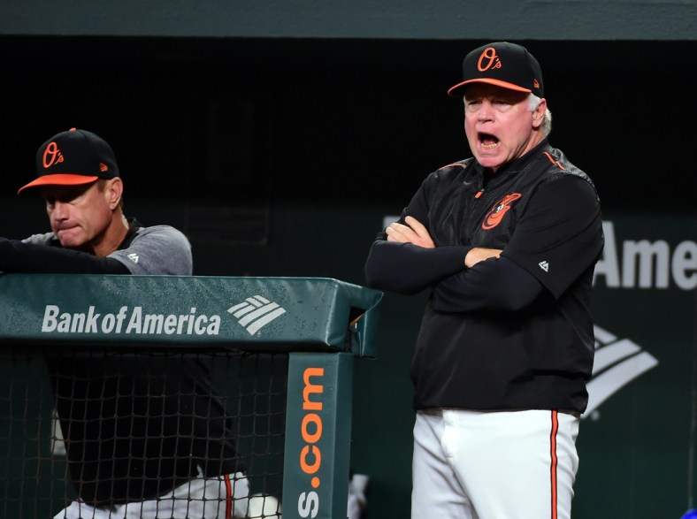 Sep 14, 2018; Baltimore, MD, USA; Baltimore Orioles manager Buck Showalter (right) reacts after a strikeout in the ninth inning against the Chicago White Sox at Oriole Park at Camden Yards. Mandatory Credit: Evan Habeeb-USA TODAY Sports