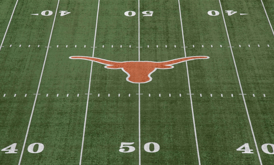 Sep 15, 2018; Austin, TX, USA; General overall view of the Texas Longhorns logo at midfield at Darrell K Royal-Texas Memorial Stadium. Mandatory Credit: Kirby Lee-USA TODAY Sports