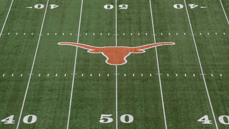 Sep 15, 2018; Austin, TX, USA; General overall view of the Texas Longhorns logo at midfield at Darrell K Royal-Texas Memorial Stadium. Mandatory Credit: Kirby Lee-USA TODAY Sports