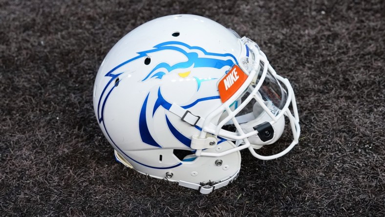 Sep 29, 2018; Laramie, WY, USA; A general view of the Boise State Broncos helmet against the Wyoming Cowboys at Jonah Field War Memorial Stadium. Mandatory Credit: Troy Babbitt-USA TODAY Sports