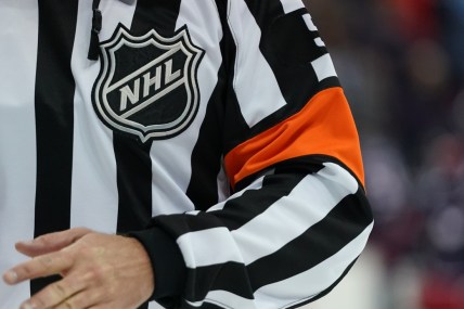 Oct 20, 2018; Columbus, OH, USA; A view of the NHL shield logo on the jersey of an official in the game of the Chicago Blackhawks against the Columbus Blue Jackets at Nationwide Arena. Mandatory Credit: Aaron Doster-USA TODAY Sports