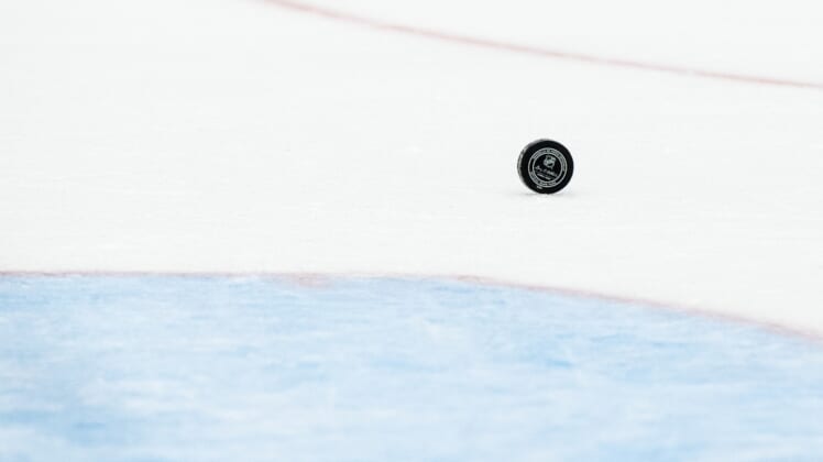 Nov 10, 2018; Tampa, FL, USA; General view of the hockey puck rolling down the ice during the first period between the Ottawa Senators and Tampa Bay Lightning at Amalie Arena. Mandatory Credit: Douglas DeFelice-USA TODAY Sports