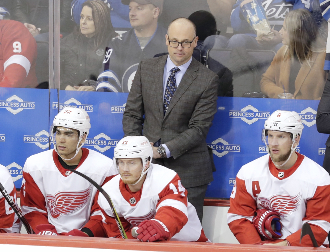 Jan 11, 2019; Winnipeg, Manitoba, CAN;  Detroit Red Wings Head Coach Jeff Blashill looks on in the third period against the Winnipeg Jets at Bell MTS Place. Mandatory Credit: James Carey Lauder-USA TODAY Sports