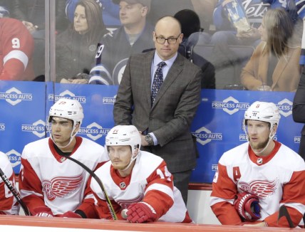 Jan 11, 2019; Winnipeg, Manitoba, CAN;  Detroit Red Wings Head Coach Jeff Blashill looks on in the third period against the Winnipeg Jets at Bell MTS Place. Mandatory Credit: James Carey Lauder-USA TODAY Sports