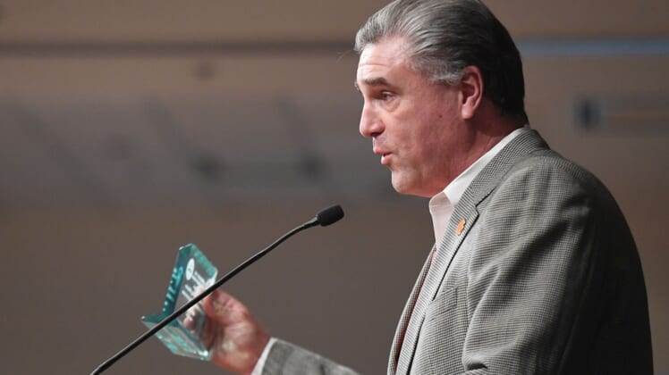 Dan Radakovich, the athletics director at Clemson University, accepts the Abernathy/Cox One Award on behalf of the athletics department during the State of Clemson event held at the Madren Center Tuesday, Feb. 19, 2019. The award is given to on individual and one organization.Ss State Of Clemson 2019 02 19 935