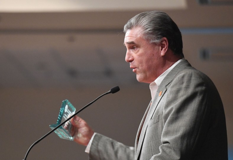 Dan Radakovich, the athletics director at Clemson University, accepts the Abernathy/Cox One Award on behalf of the athletics department during the State of Clemson event held at the Madren Center Tuesday, Feb. 19, 2019. The award is given to on individual and one organization.

Ss State Of Clemson 2019 02 19 935