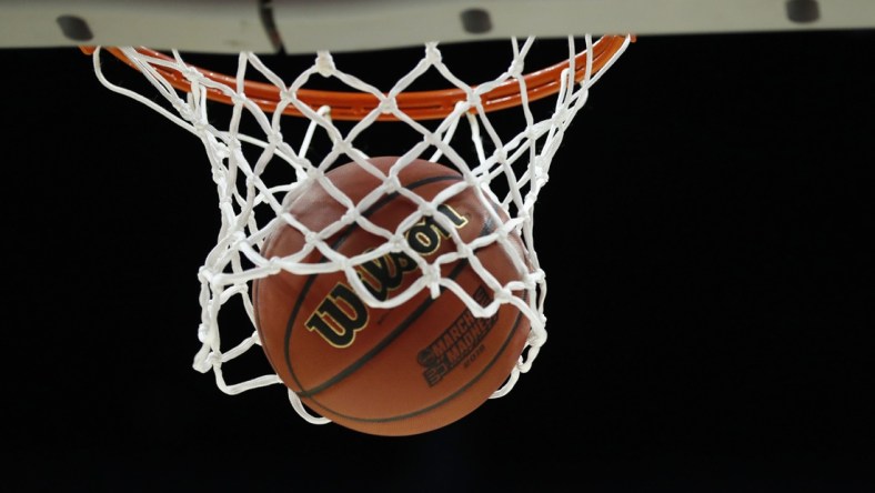 Mar 21, 2019; Columbus, OH, USA; General view of March Madness basketballs during practice before the first round of the 2019 NCAA Tournament at Nationwide Arena. Mandatory Credit: Rick Osentoski-USA TODAY Sports