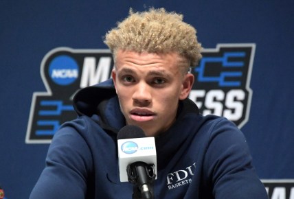 Mar 20, 2019; Salt Lake City, UT, USA; Farleigh Dickinson Knights guard Jahlil Jenkins during a press conference  before the first round of the 2019 NCAA Tournament at Vivint Smart Home Arena. Mandatory Credit: Kirby Lee-USA TODAY Sports