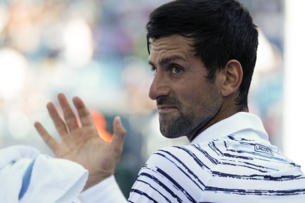 Novak Djokovic waves down the line between games in the first set during the Western & Southern Open match between Novak Djokovic and Sam Querrey at the Lindner Family Tennis Center in Mason, Ohio, on Tuesday, Aug. 13, 2019. Djokovic advanced in straight sets, 7-5, 6-1.

Novak Djokovic Vs Sam Querrey Western Southern Open