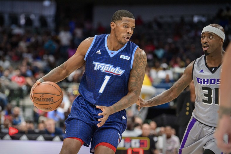 Aug 17, 2019; Dallas, TX, USA; Triplets forward Joe Johnson (1) and Ghost Ballers forward Ricky Davis (31) during the game at the American Airlines Center. Mandatory Credit: Jerome Miron-USA TODAY Sports